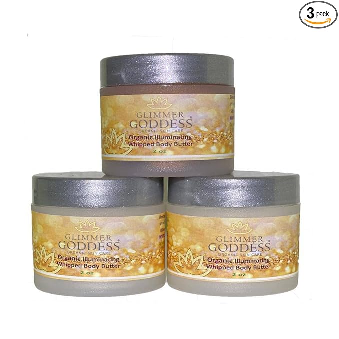 GLIMMER GODDESS Shimmer Body Butter with Organic Whipped Shea Butter for Hydration, Moisturizing & Silky Natural Glow - Bronze, Diamond & Gold in Sexy, 2oz, Pack of 3