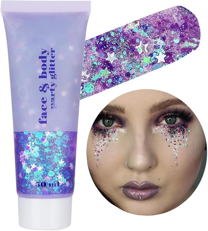 Go Ho Mermaid Purple Face Body Glitter Gel,Holographic Purple Hair Glitter for Kids&Women,Chunky Sequins Glitters for Eye Lip Nails,Festival Rave Hair Accessories