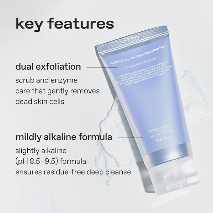 glow mini apple enzyme foaming cleanser | natural rice powder scrub for mild exfoliation | slightly alkaline formula for deep pore cleansing | enriched with lipase & polyphenols | 0.5 oz