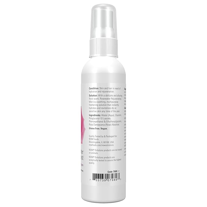 NOW Solutions Rosewater Rejuvenating Mist, Hydration and Rejuvenation Spray for All Skin and Hair Types, 4-Ounce (Pack of 2)