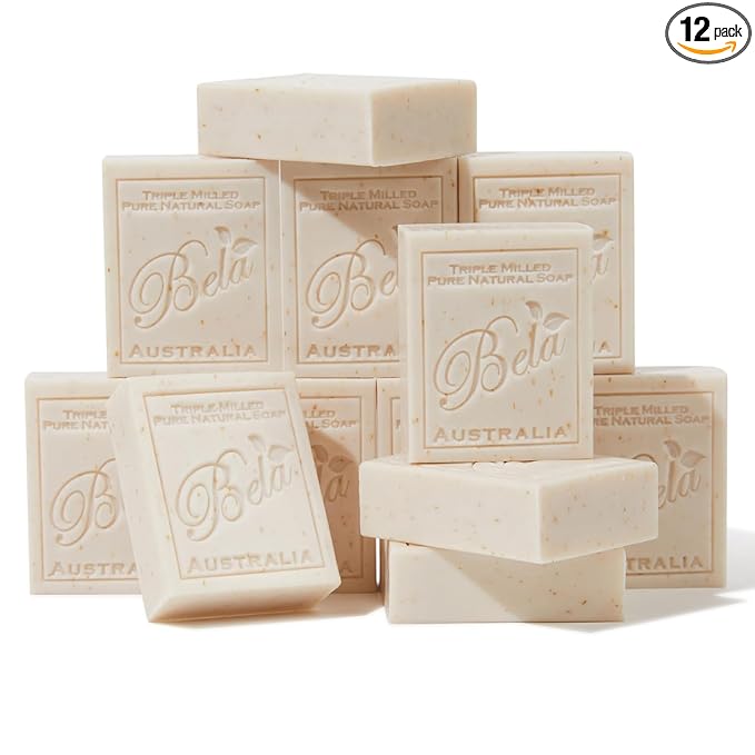 BELA Oatmeal Soap with Milk and Bran 3.3 OZ, Pack of 12, Long Lasting French Triple Milled Bar Soap with Organic Shea Butter, Hand, Face and Body Wash Bars, Made in Australia