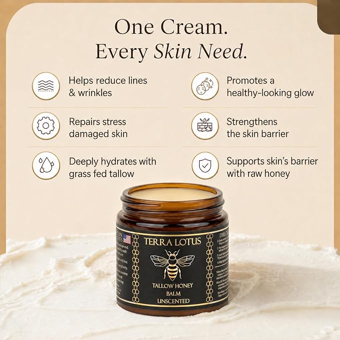Terra Lotus - Organic Grass-Fed Beef Tallow Balm with Raw Honey - Moisturizing Cream for Soft, Smooth Skin - Handmade All-Natural Moisturizer (4 Oz, Vanilla)