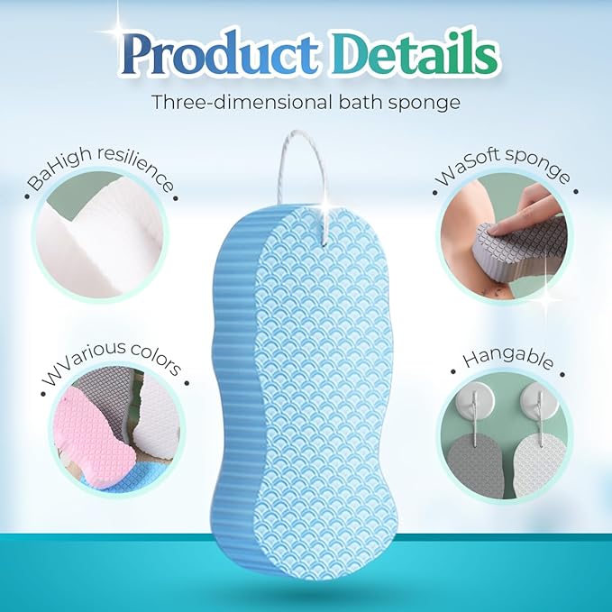 Magic Exfoliating Bath Sponge, 2025 New Super Soft Exfoliating Bath Sponge Gentle Reusable Body Scrubber (Pink+Blue)