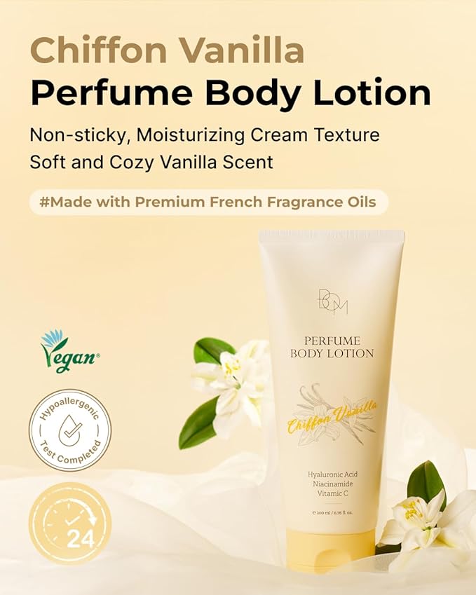 BOM Chiffon Vanilla Perfume Body Lotion 6.76 Fl Oz, Vanilla Scented Body Cream with Hyaluronic Acid, Niacinamide & Vitamin C, Long-Lasting Moisture & Fragrance, Non-Sticky & Smoothing, Korean Skincare