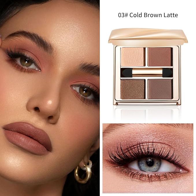 Warm Neutral Brown Eyeshadow Palette – 4 Matte & Shimmer Shades for Natural Everyday Makeup, Blendable Caramel & Mocha Tones, High-Pigment Long-Lasting Crease-Resistant Soft Glam Eye Shadow Kit