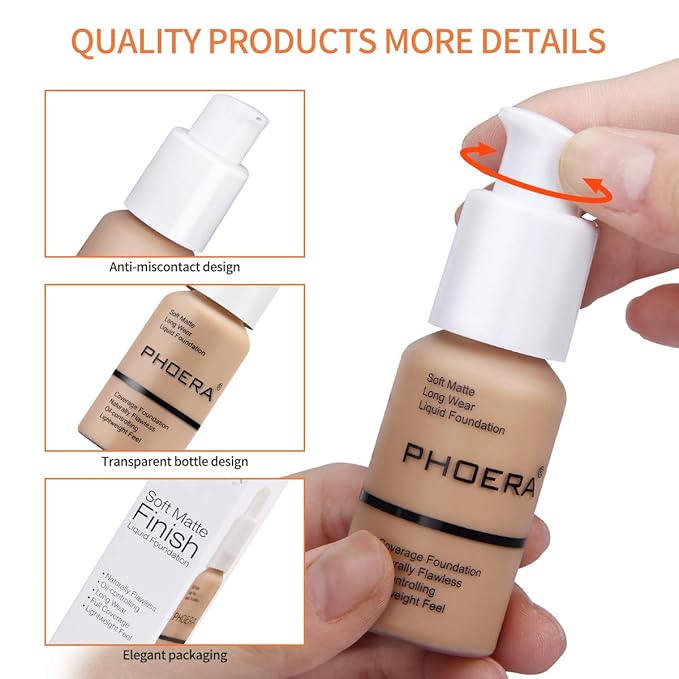 PHOERA Foundation Makeup, Flawless Soft Matte Oil Control Liquid Foundation, Full Coverage Mattle Oil-Control Concealer for Older Women, Great Choice For Gift (#102 Nude(2pcs)）