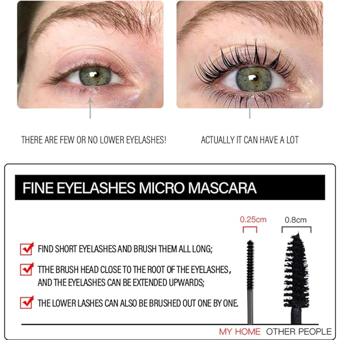 Ultra Fine Waterproof Mascara for Fine Short Eyelashes, Lengthening & Thickening, Catching Tiny Eyelashes (1 Pcs)