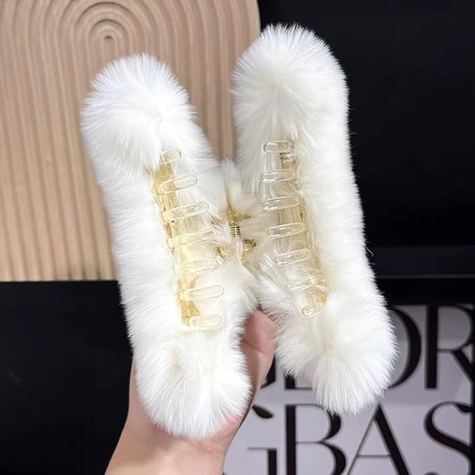YOYLMAL Large Faux Fur Hair Claw Clip for Women, 5.1 Inches Winter Fluffy Fuzzy Hair Clips, Nonslip Strong Hold Furry Big Jaw Clamp for Thick Long Hair (White)