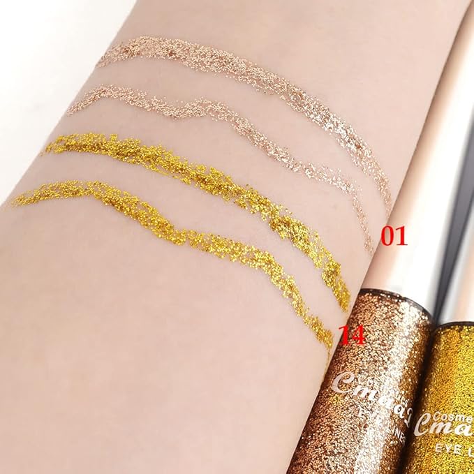 evpct 2Pcs Gold Champagne Gold Color Liquid Glitter Eyeliner Sets Eyeliner Liquid Liners for Women Sparkly Eyeliners delineador con glitter de colores para ojos colores 01+14