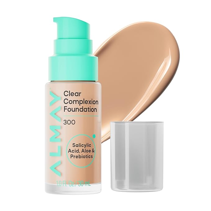 Almay Clear Complexion Foundation, Oil-Free Face Makeup for Acne-Prone Skin, Buildable Coverage, Soft-Matte Finish, Vegan, 300, 1 fl oz