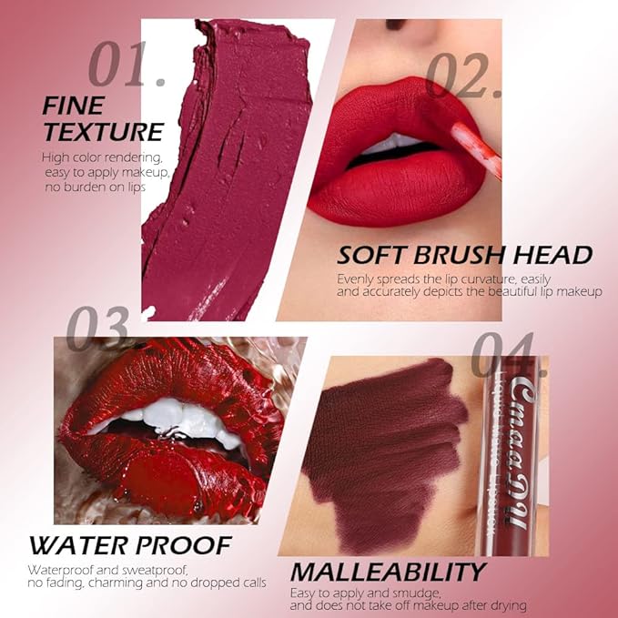 evpct 6Pcs Liquid Matte Lipstick Lipgloss Set for Women, Dark Deep Bright Ruby Blood Brick Plum Mauve Rose Red labiales mate 24 horas originale matte larga duracion 24 Hour Lipstick Long Lasting