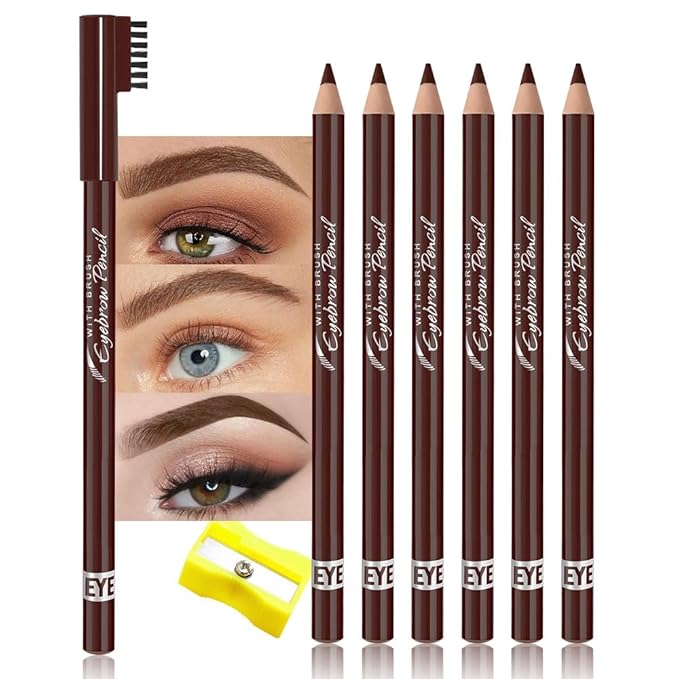 WanTuoluo Eyebrow Pencils for Women with Sharpener, 6Pcs Hard-Core Wooden Eye Brow Eye Liner Pencils for Beginner Makeup, Waterproof & Sweat-Proof (6Pcs-Brown)