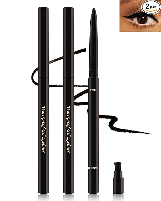 Black Gel Eyeliner for Older Women, Waterproof Smudge-Proof Retractable Eyeliner Pencil, Long Lasting 24H, Matte Cream Eyeliner Waterline with Sharpener, Eye Liner for Mature Women Sensitive Eyes-2Pcs