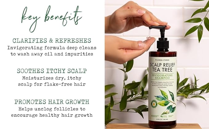 PHARM TO TABLE Tea Tree Shampoo For Men and Women, Deep Cleansing Sulfate-Free Formula - Relief for Dry Itchy Scalp - Infused with Tea Tree oil, Mint, Biotin and Vitamin E, 16.2oz