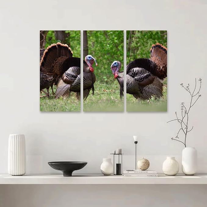 3 Piece Canvas Wall Art Prints Picture two male wild turkeys full tail feathers two female turkeys Framed Wall Painting Modern Artwork Poster Home Decor for Living Room Office Ready to Hang