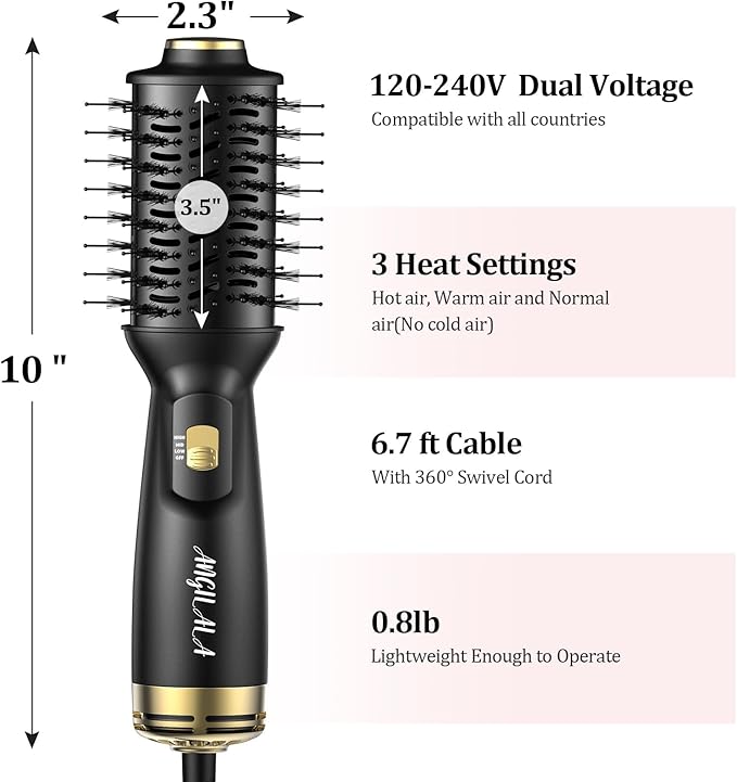 Dual Voltage(100~250V) Mini Hair Dryer Brush with European Plug Adapter for International Travel, Europe Travel Essentials for Women