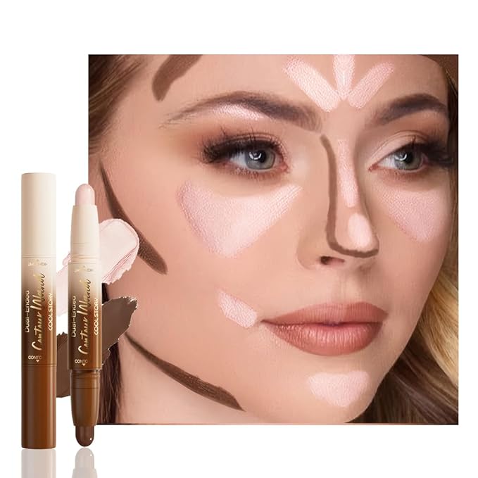 FeiCuiYun Dual-Ended 2-in-1 Cream Contour & Highlighter Stick Makeup For Face & Body – Waterproof, Long-Lasting, Suitable for All Skin Tones, 03#Darker Nude + Light Pink