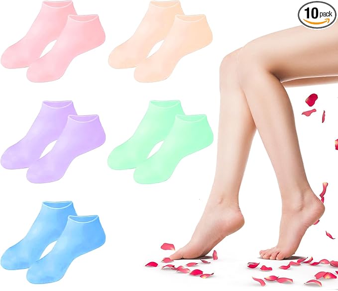 TEAWOO 5 Pairs Silicone Socks for Dry Cracked Feet, Women's Foot Socks for Moisturizing, Cracked Heel Treatment (5 Colors Assorted, Fits Up to Size 7)