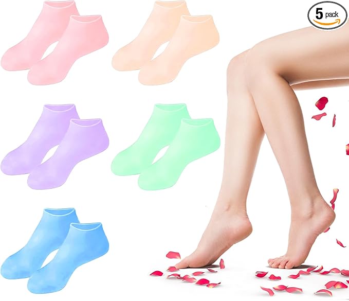 TEAWOO 5 Pairs Silicone Socks for Dry Cracked Feet, Women's Foot Socks for Moisturizing, Cracked Heel Treatment (5 Colors Assorted, Fits Up to Size 11)