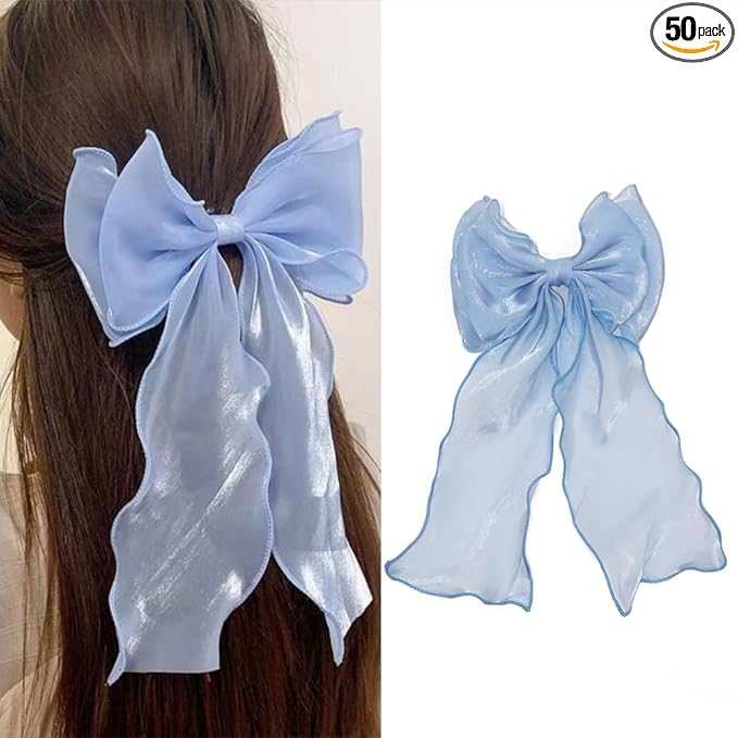 Bright Colors Hair Ribbon-Organza Bow With Long Tail Ribbon ，Soft Chiffon Hair Bows for Women and small Girls，Elegant and fashionable Large Bow Metal Spring Clip bow hair clip Large -Blue