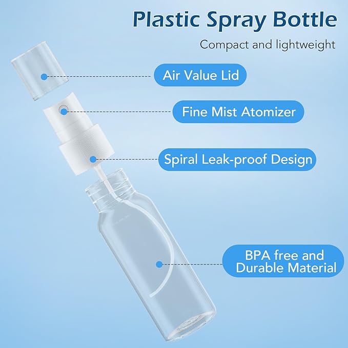 Zoizocp Spray Bottles, 1oz/30ml Clear Empty Fine Mist Plastic Mini Travel Bottle Set, Small Refillable Liquid Containers with 2pcs Funnels and 24pcs Labels (6 Pack)