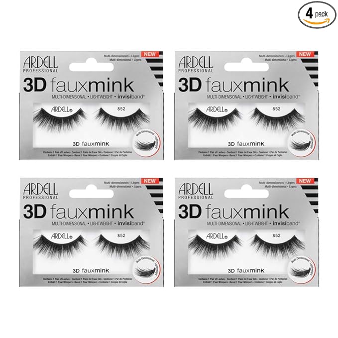 Ardell False Eyelashes 3D Faux Mink Lashes 852 - Flared, Natural Look Strip Wispy Lashes with Invisiband, 4 Pairs