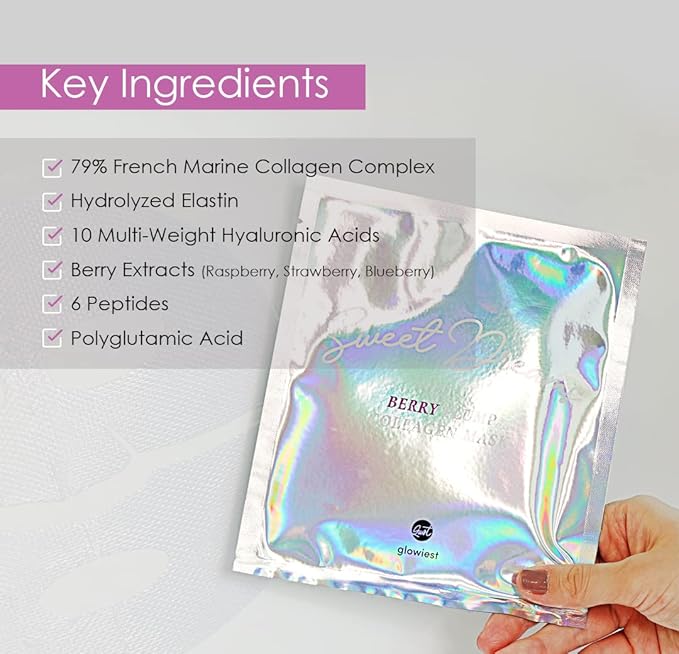 glowiest Sweet Dreams Berry Plump Collagen Mask Set of 3, Lifting & Hydrating Face Collagen Jelly Mask, 79% Collagen, Elastin, Hyaluronic Acids, Polyglutamic Acid, Peptides, Korean Skincare