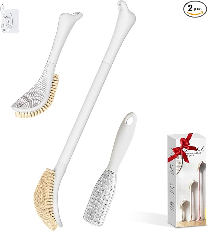New Foot Brush & Foot File Set(2PCS), 3-in-1 Foot Scrubber in Shower, 10.2’’-27.5’’Adjustable Long Handle Foot Scrub Brush and Upgrade Foot File Callus Remover, Gift-Box Packed(White Set)