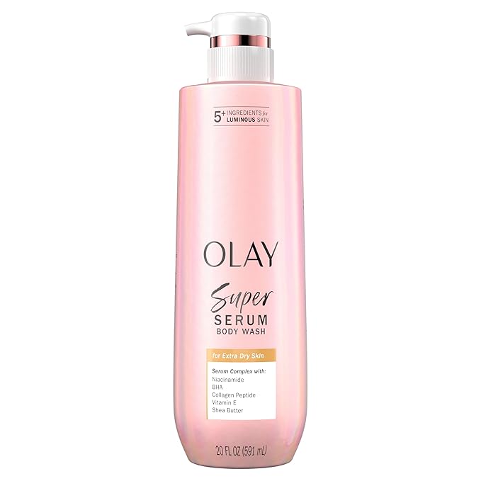 Olay Super Serum Body Wash for Extra Dry Skin, 24hr Long Lasting Rich Hydration, 5+ Ingredient Complex for Bright, Even, Firm, & Luminous Skin, with Collagen Peptide, Vitamin C & Shea Butter, 20 fl oz