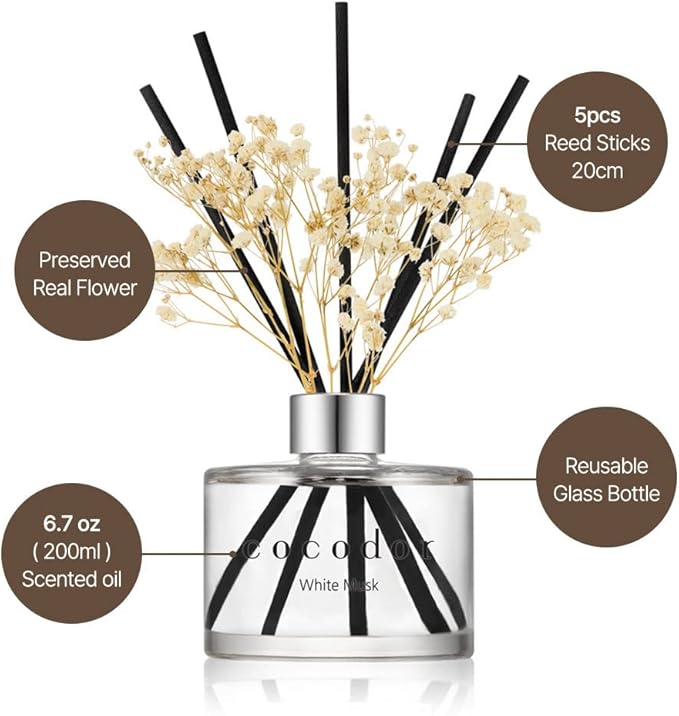 COCODOR Flower Reed Diffuser Set / 6.7oz / White Jasmine/Scent Diffuser with Sticks Home Fragrance Reed Diffuser for Bathroom Shelf Decor