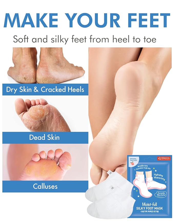 DERMAL Moistfull Silky Foot Socks & Hand Gloves Mask Combo 6 Pack - for Dry Feet and Hands - Home Spa Treatment - Dermatologist Tested, Cruelty Free, Korean Beauty
