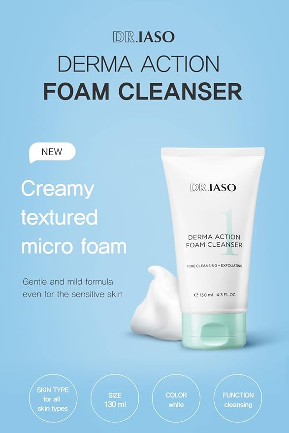 IASO Dr DERMA ACTION FOAM CLEANSER | Clear Cleansing Foam, Time-Saving Two-In-One Formula Cleanser, Whipped Foam and Protein-Digesting Enzyme Powder, Korean Skin Care, 4.3 oz
