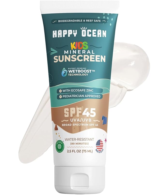 Happy Ocean Kids Mineral Sunscreen SPF 45 – Reef Safe, Non-Toxic for Babies & Toddlers, Zinc Oxide, Water Resistant, Travel Size, Face & Body
