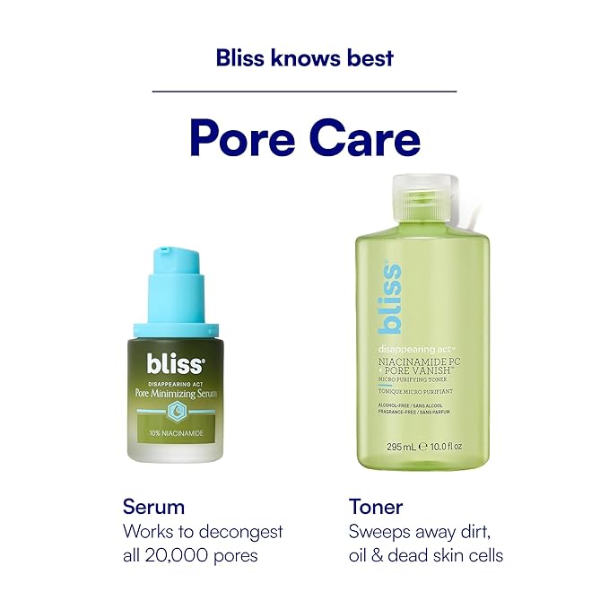 Bliss Disappearing Act Pore-Minimizing Serum – Niacinamide + Pore Vanish Complex with Green Tea – Refines Pores, Controls Oil & Targets Dark Spots for Smooth Glass Skin – 1 Fl Oz