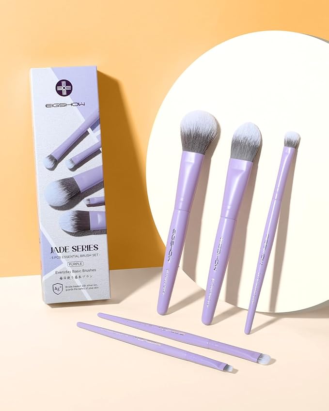 EIGSHOW Makeup Brush Set 5Pcs Basic Makeup Brushes for Powder Foundation Eyeshadow Eyeliner, Synthetic Silver Ion Bristles, Travel-Friendly, Vegan & Cruelty-Free (Matte Purple)