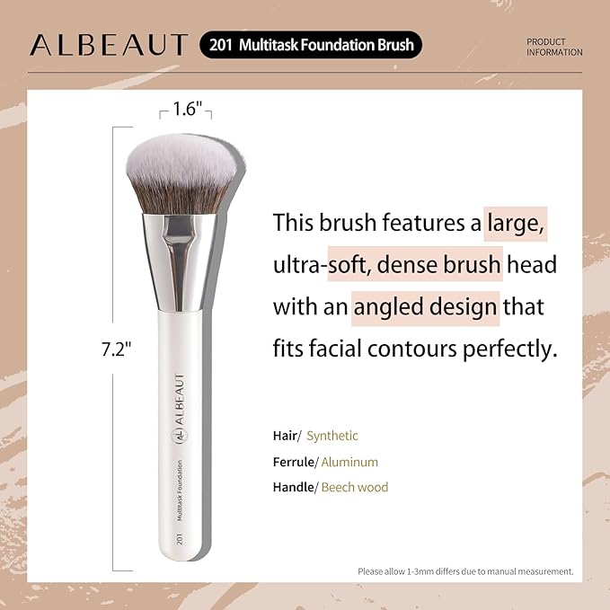 ALBEAUT 201 Angled Foundation Brush for Flawless Makeup Application Professional Liquid, Cream Powder Foundation Brush with Dense Bristles - Contoured for Precise Blending and Buffing
