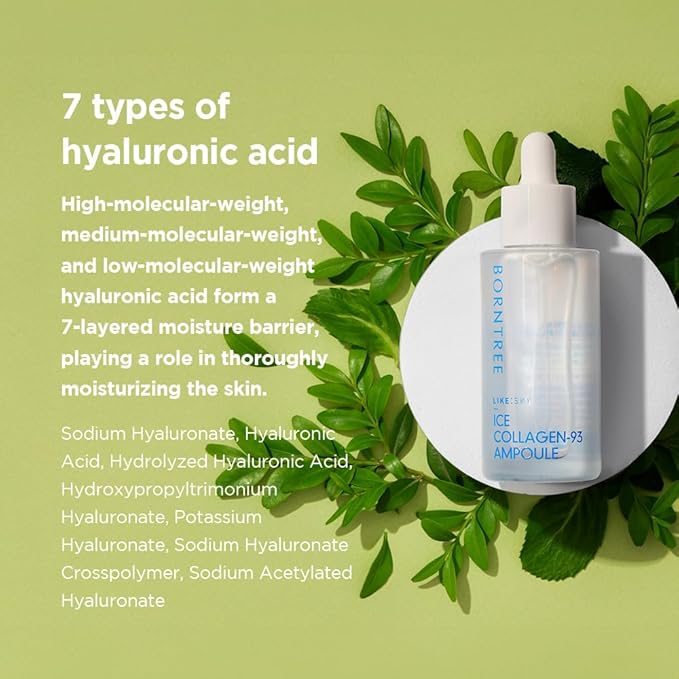 BORNTREE Like Sky Ice Marine Collagen 93 Ampoule 1.69 fl oz with 7 Types of Hyaluronic Acid, Absorption Rate of More than 40 Times, K-Beauty Skin Serum