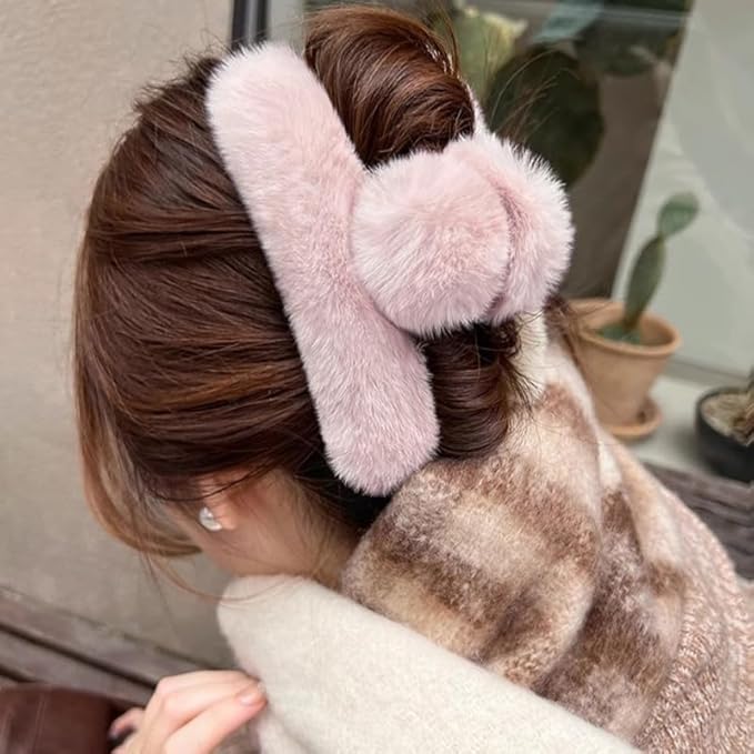 YOYLMAL Large Faux Fur Hair Claw Clip for Women, 5.1 Inches Winter Fluffy Fuzzy Hair Clips, Nonslip Strong Hold Furry Big Jaw Clamp for Thick Long Hair (Pink)