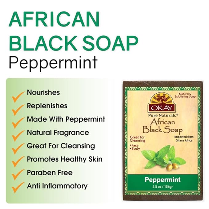 OKAY | African Black Soap with Peppermint | For All Skin Types | Cleanses and Exfoliates | Nourishes and Heals | Free of Sulfate, Silicone & Paraben | 5.5 oz