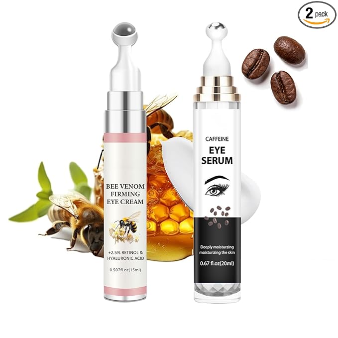 2-in-1 Eye Serum Set - Caffeine & Retinol Eye Cream + Bee Venom & Hyaluronic Acid Eye Serum, 360° Roller for Dark Circles, Puffiness & Fine Lines, Day & Night Duo