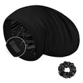 LULUSILK Mulberry Silk Bonnet for Sleeping Women, Real Silk Sleep Cap for Curly Hair and Braids, Pure Silk Head Wrap with Scrunchies, Black