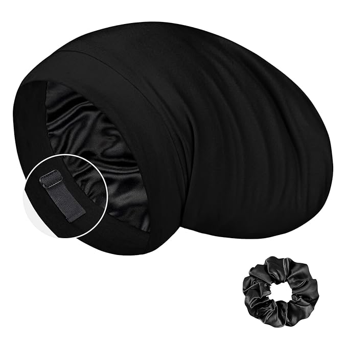 LULUSILK Mulberry Silk Bonnet for Sleeping Women, Real Silk Sleep Cap for Curly Hair and Braids, Pure Silk Head Wrap with Scrunchies, Black