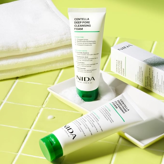NIDA Centella Deep Pore Cleansing Foam | Centella Asiatica, Hyaluronic Acid, Ceramides, Niacinamide | Clogged Pores, Blackheads/Whiteheads, Good for Impurities & Breakouts | 4.06 oz., 120ml
