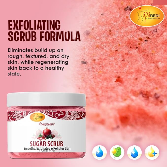 SPA REDI – Sugar Body Scrub, Pomegranate, 16 Oz, Exfoliating, Moisturizing, Hydrating and Nourishing, Glow, Polish, Smooth and Fresh Skin - Body Exfoliator
