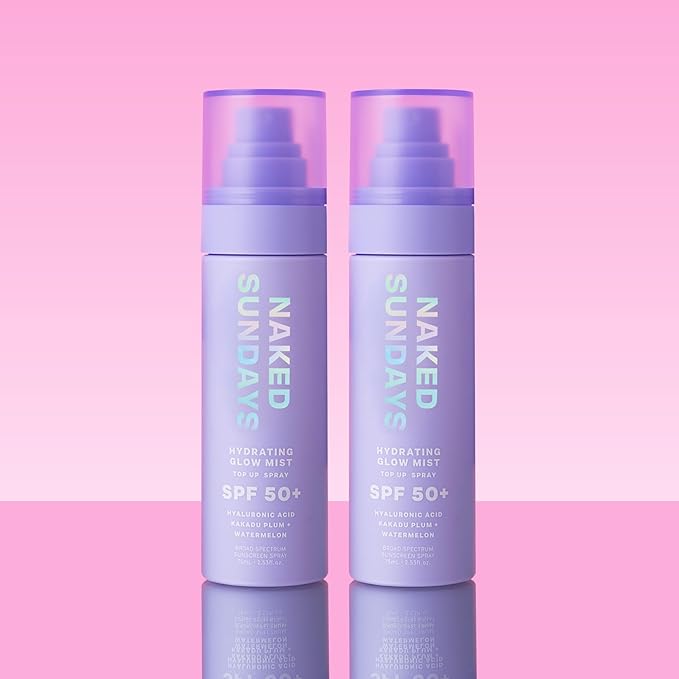 Naked Sundays SPF 50 Hydrating Glow Face Mist - Daily Sunscreen Spray & Makeup Setting Spray with Hyaluronic Acid, Lightweight, Non-Greasy & Hydrating, 2-Pack 75ml
