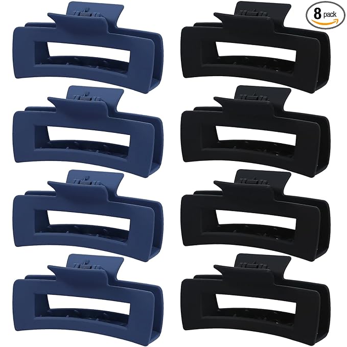 8 Pcs Large Hair Claw Clips 4.1 Inch Non-slip Big Square Matte Hair Claws for Women, Strong Hold Banana Clip for Thick Thin Hair (Black/Blue)