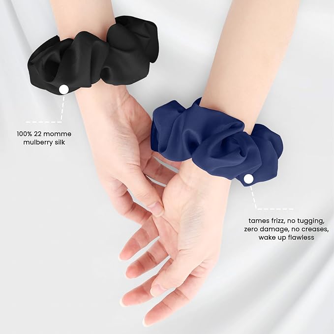 Silk Hair Scrunchies for Women, 100% Mulberry Silk Hair Ties, No Damage for Curly Hair, Large Scrunchie for Sleep, 1-Pack, Dark Navy Blue, L