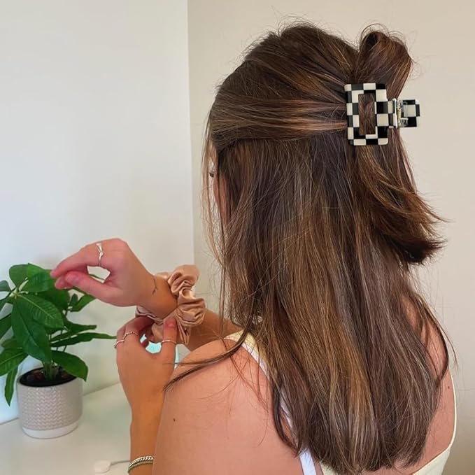Atoden Checkered Hair Clips for Thick Thin Hair 4Pcs Large Medium Small Square Claw Clips Non Slip Strong Hold Jaw Clips Y2K Hair Accessories for Women Girls Black White