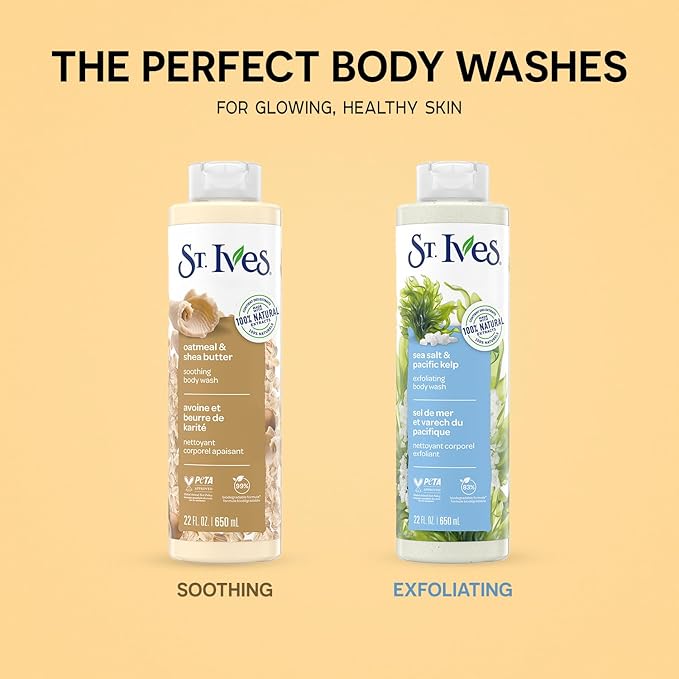 St. Ives Body Wash Variety 2-Pack, Soothing Oatmeal & Shea Butter + Exfoliating Sea Salt & Pacific Kelp, 100% Natural Extracts, Cruelty-Free, 22 Oz Ea