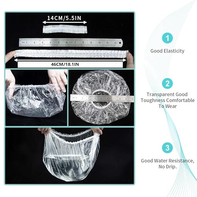 Disposable Shower Caps 100 Pcs - Multi-Purpose Thickening Elastic Bath Cap Plastic Waterproof Clear Shower Caps Bath Shower Hair Caps Women Spa,Home Use, Hotel and Hair Salon, Portable Travel(18.1")
